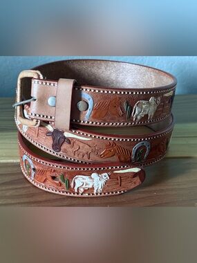 Vintage Western Tooled Leather Belt Size 42 Horse Cow Cactus Horseshoe 48in